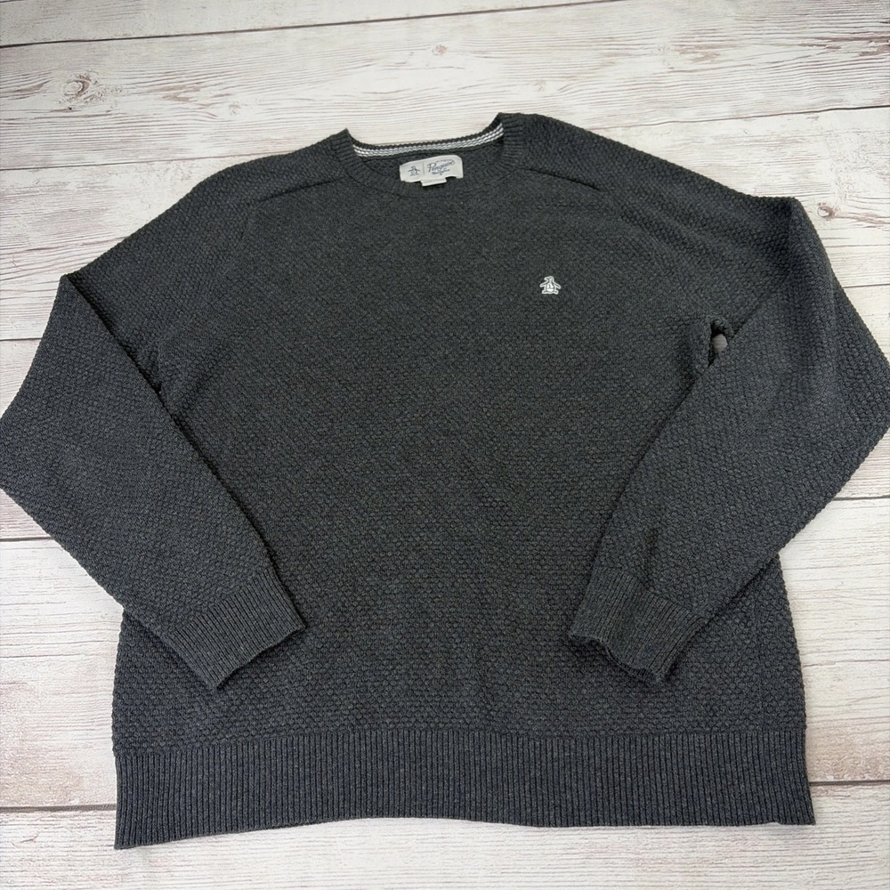 Original Penguin Sweater Men's Large Gray Waffle Knit Crewneck Pullover Logo EXC